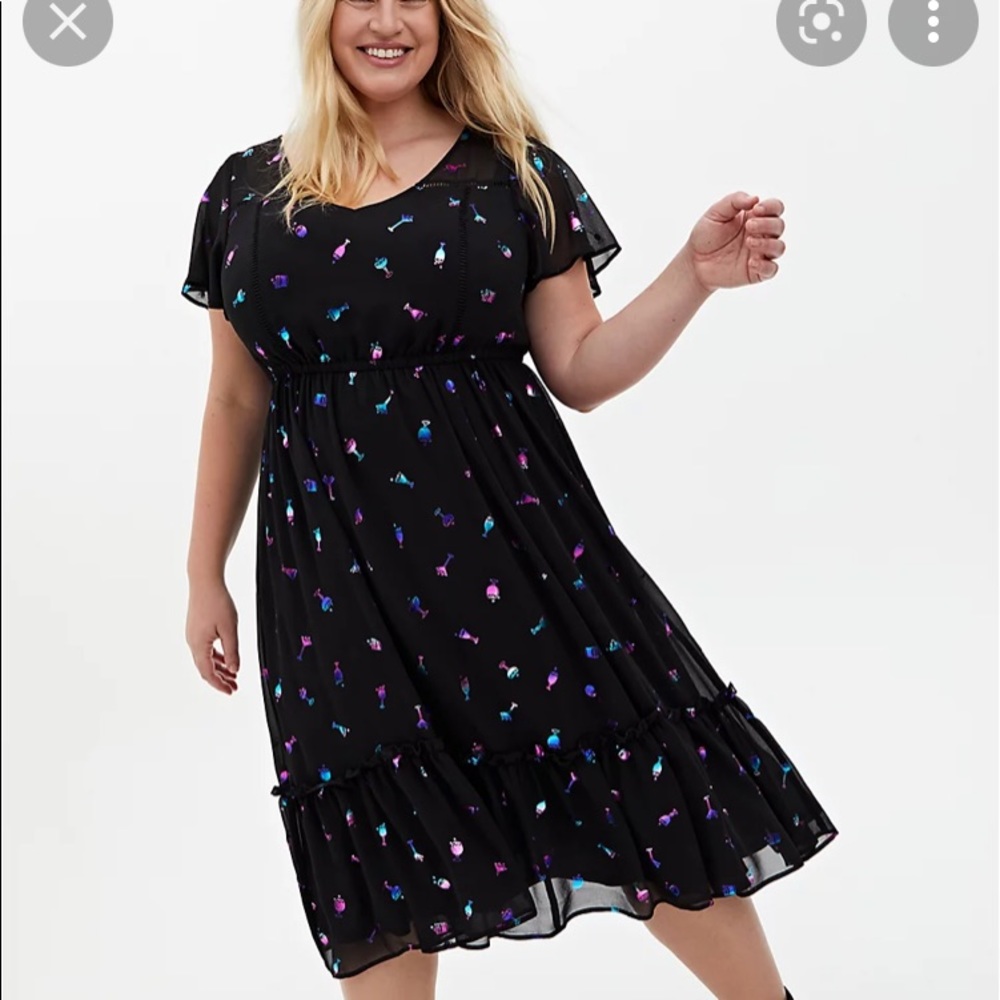Torrid Shiny, and metallic cocktail glasses adorn this fun and cute dress!